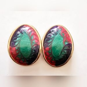 Red blue green oval curved vintage clip on earrings
